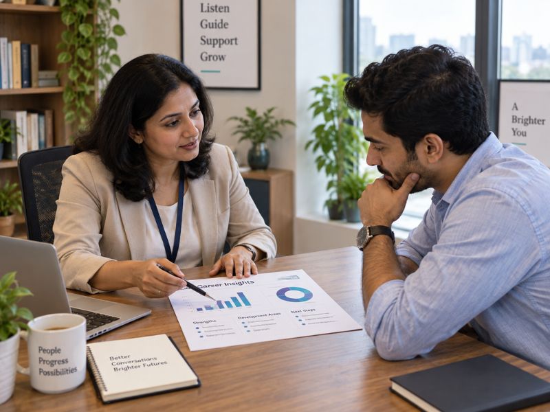 Career change counselling session: a counsellor walks a client through his career assessment report