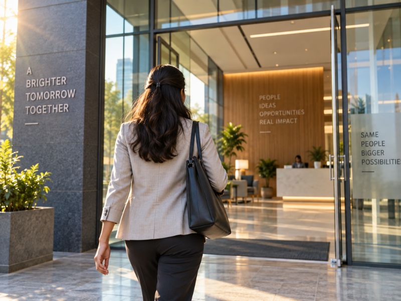 Professional woman walking into a modern office building in the morning light, starting a new role