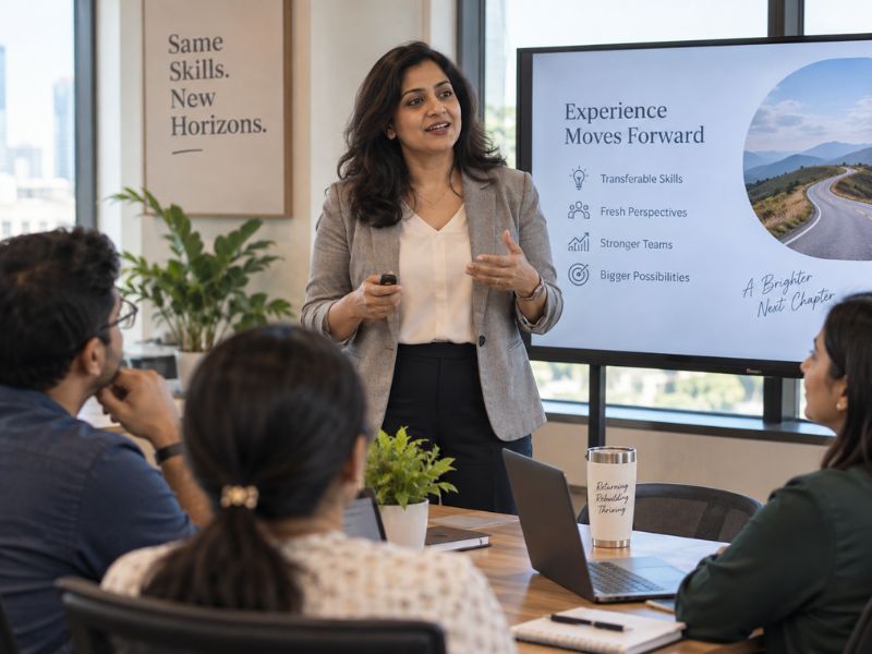 Woman presenting to a small team on transferable skills for career change in a modern office