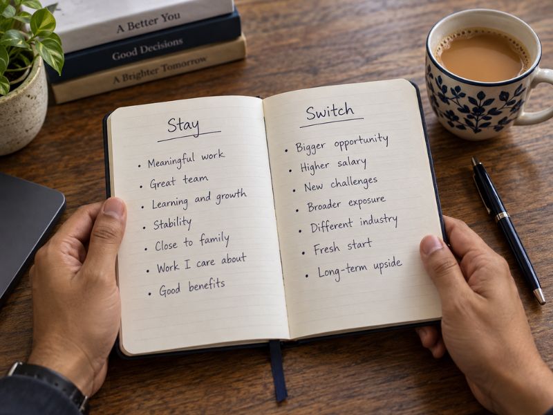 Hands holding an open notebook with two handwritten lists, Stay and Switch, beside a cup of chai