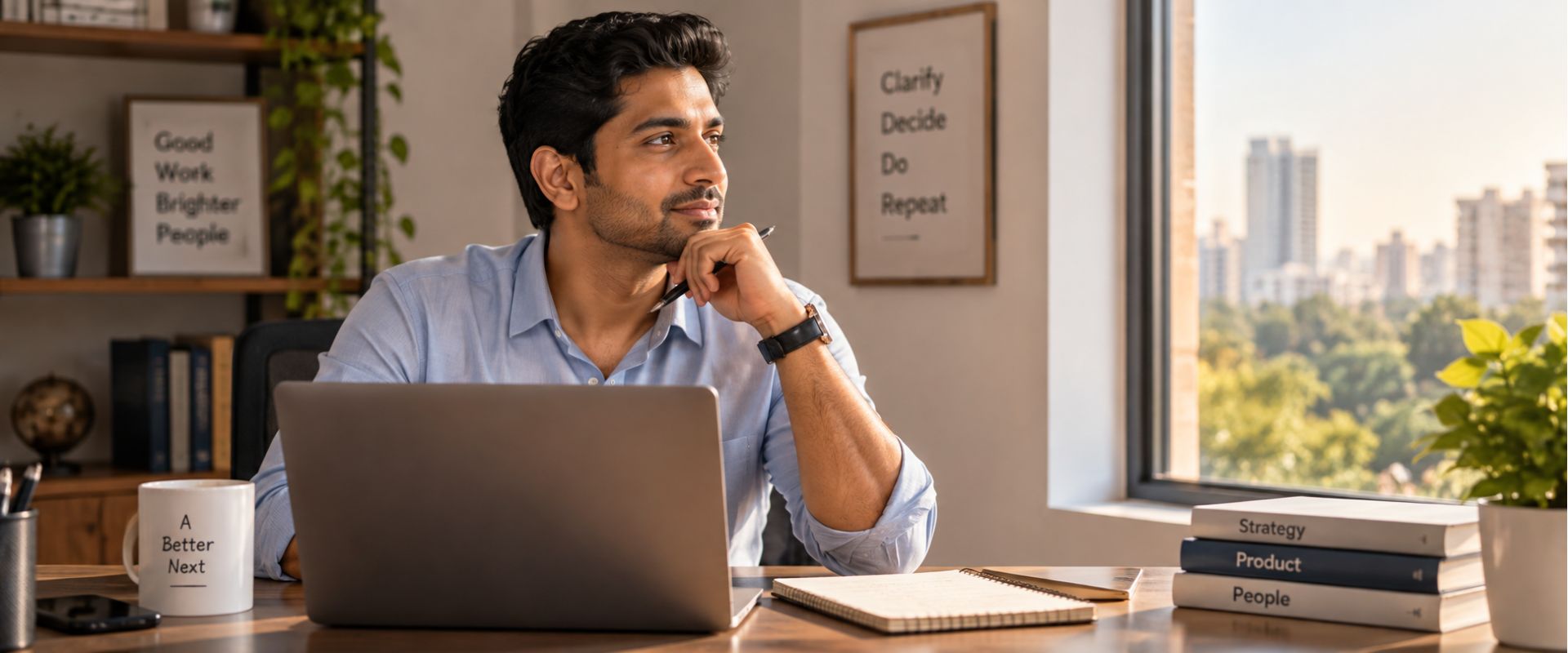 Career change counselling for professionals: a man at his desk looks out of the window, weighing a switch to a new industry